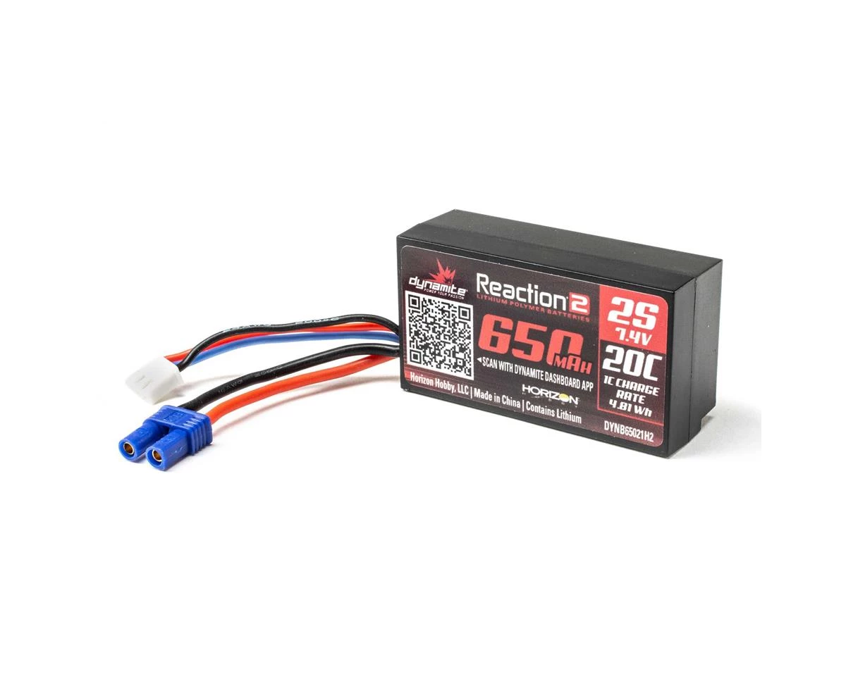 Dynamite Reaction 2S 20C Hard Case LiPo Battery w/EC2 Connector (7.4V/650mAh) - Image 2
