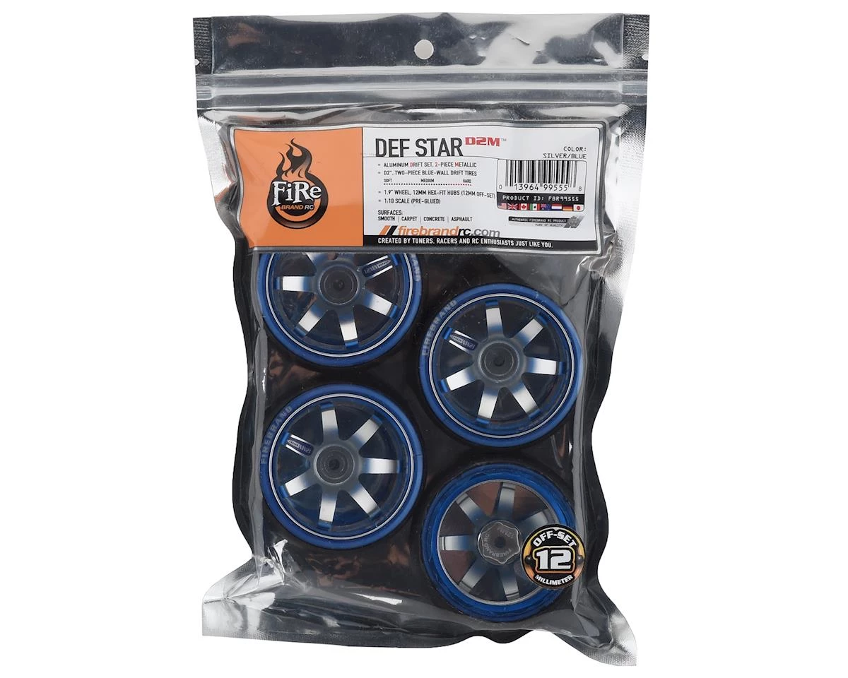 Firebrand RC Aluminum Defstar D2M12 Pre-Mounted Slick Drift Tires (4) w/D2 Tires, 12mm Hex & 12mm Offset (Blue/Silver) - Image 3