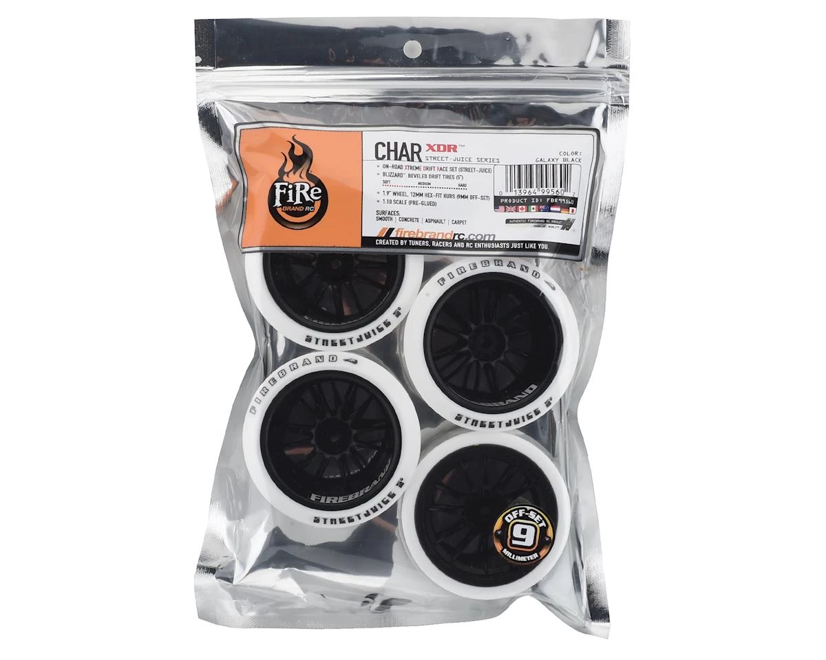 Firebrand RC Char XDR9 5° Pre-Mounted Slick Drift Tires (4) (Black/White) w/Blizzard Tires, 12mm Hex & 9mm Offset - Image 3
