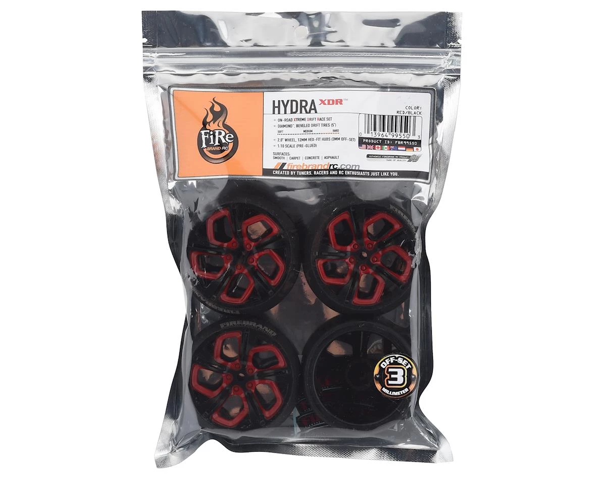 Firebrand RC Hydra XDR3 5° Pre-Mounted Slick Drift Tires (4) (Red/Black) w/Diamond Tires, 12mm Hex & 3mm Offset - Image 3