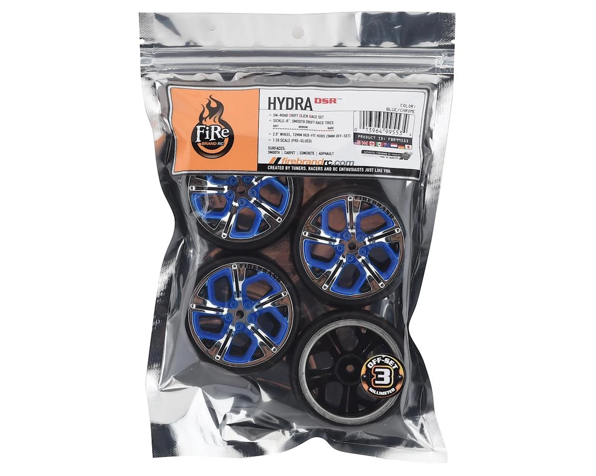 Firebrand RC Hydra DSR3 Pre-Mounted Slick Drift Tires (4) (Blue/Chrome) w/Sickle-R Tires, 12mm Hex & 3mm Offset - Image 3