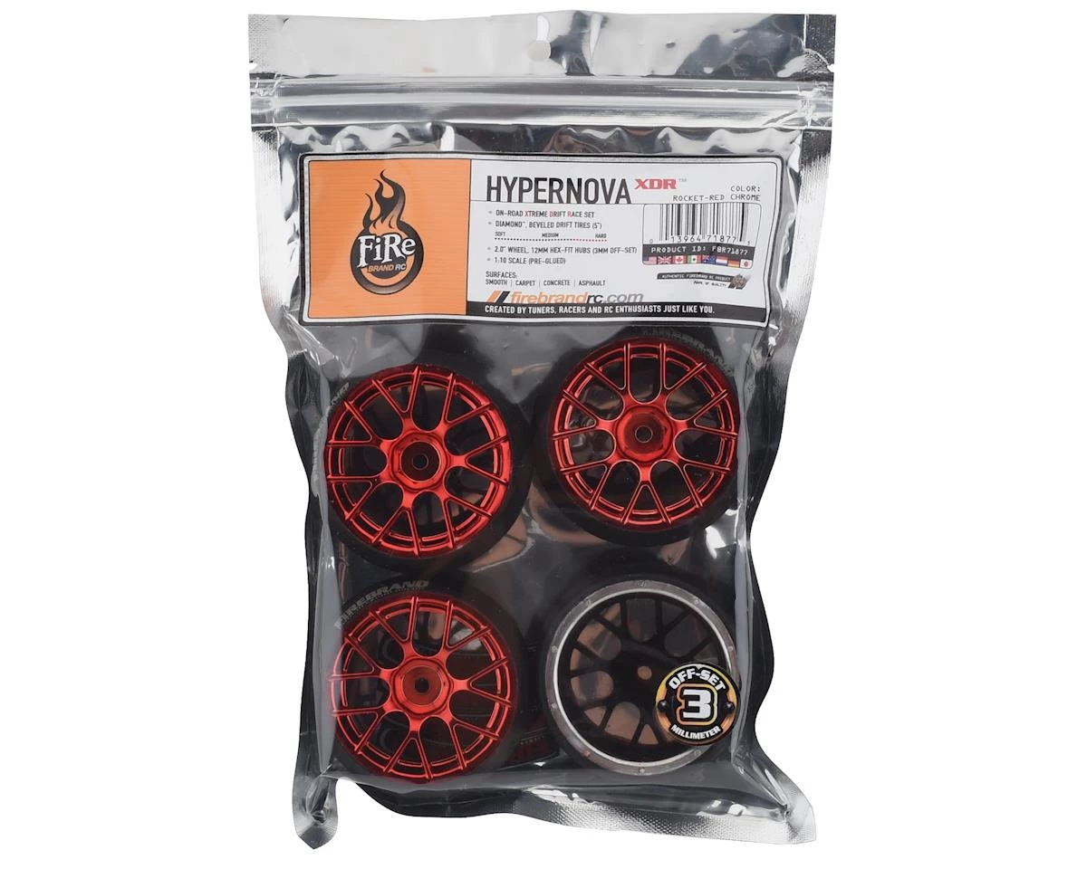 Firebrand RC Hypernova XDR 5° Pre-Mounted Slick Drift Tires (4) (Red Chrome) w/Diamond Tires, 12mm Hex & 3mm Offset - Image 3