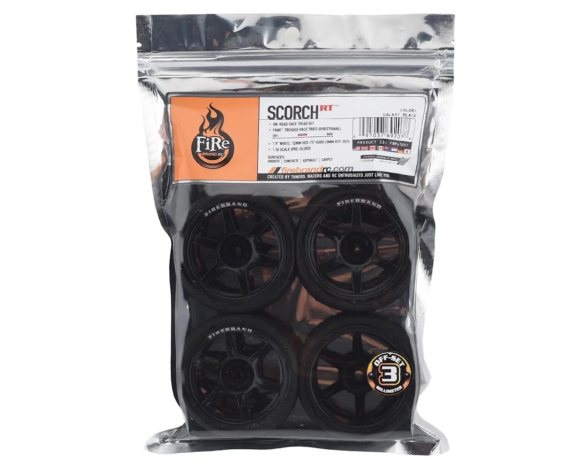 Firebrand RC Scorch RT3 Pre-Mounted On-Road Tires (4) (Black) w/FireFangs Tires, 12mm Hex & 3mm Offset - Image 3